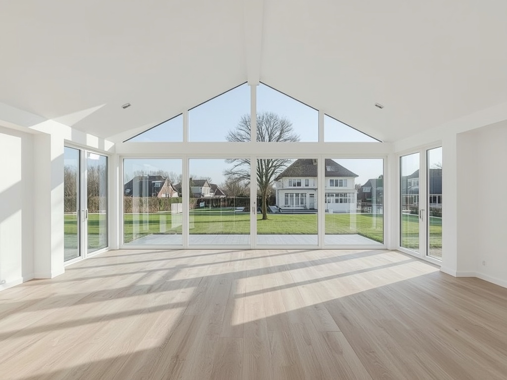 Interieur van nieuwbouwwoning in Weesp met groot kunststof panoramaraam richting tuin