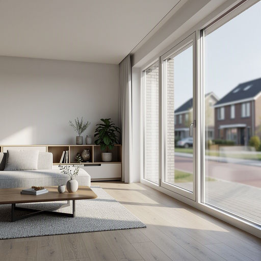 Interieur van woning in Baarn met groot kunststof panoramaraam en zicht op groene tuin