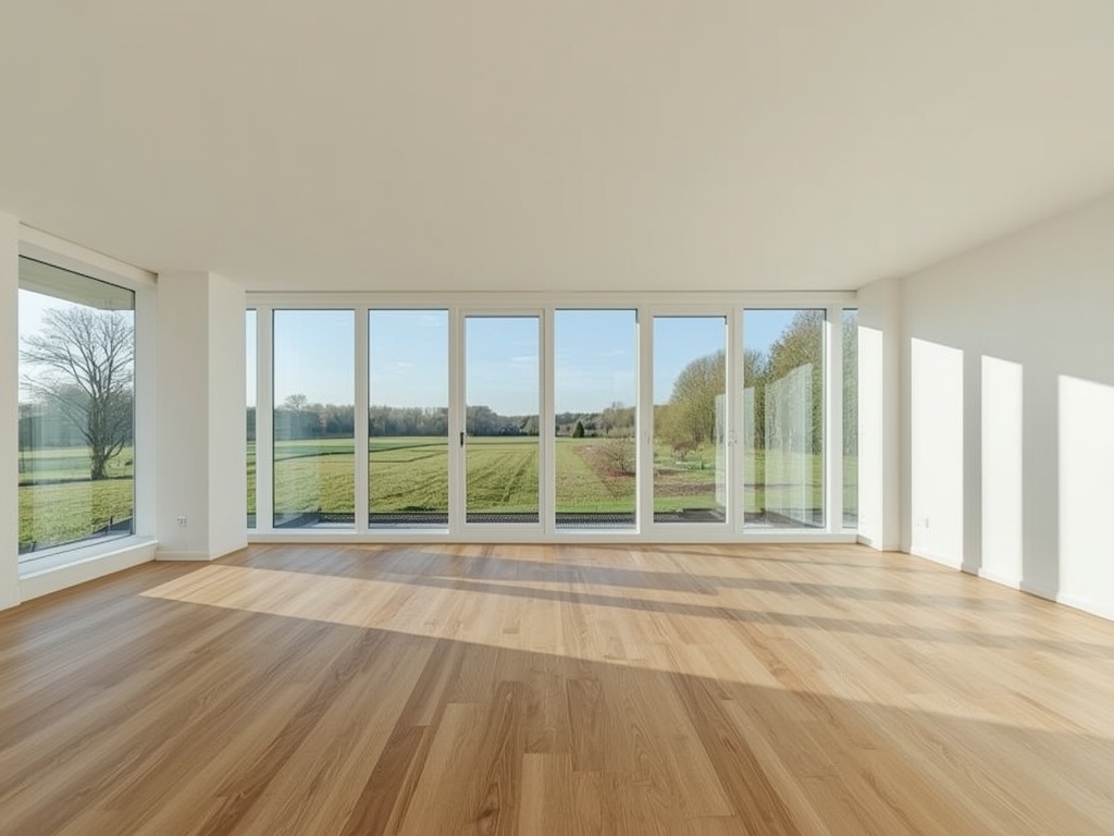 Interieur rijtjeshuis Botter Lelystad met groot kunststof panoramaraam met zicht op tuin