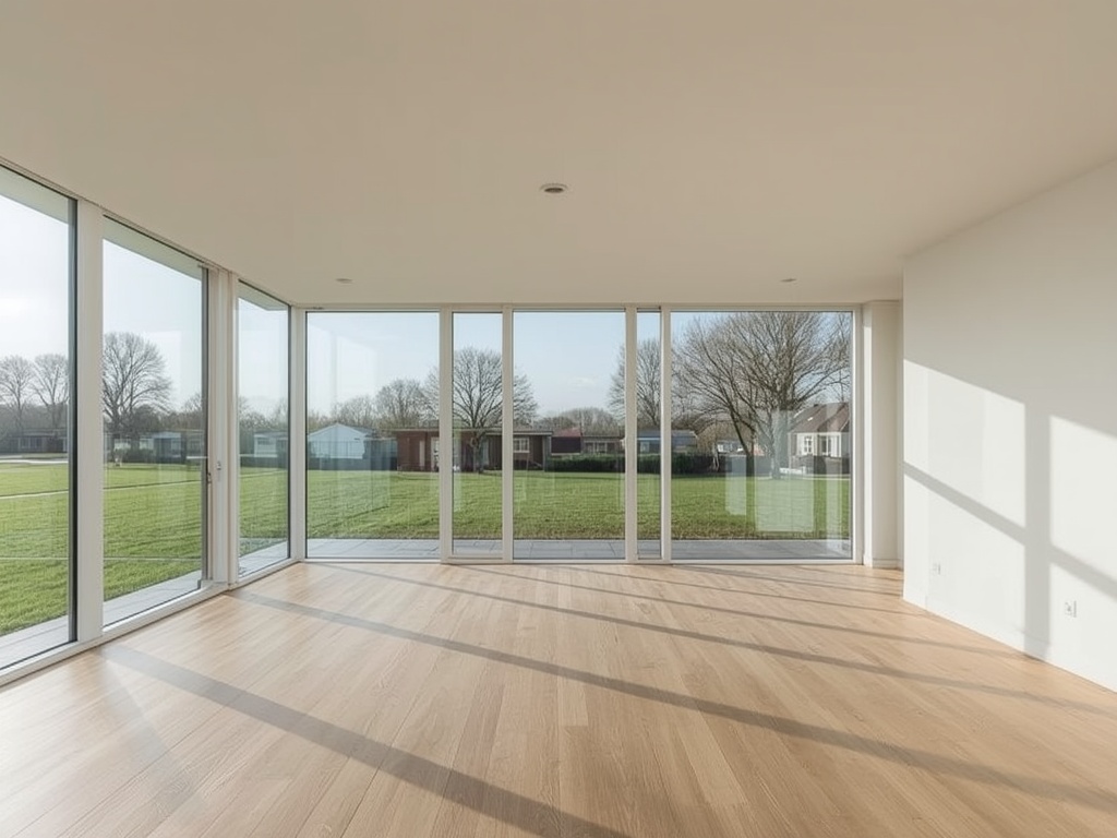 Lichte woonkamerinterieur Hilversumse jaren dertig woning met groot kunststof raampartij