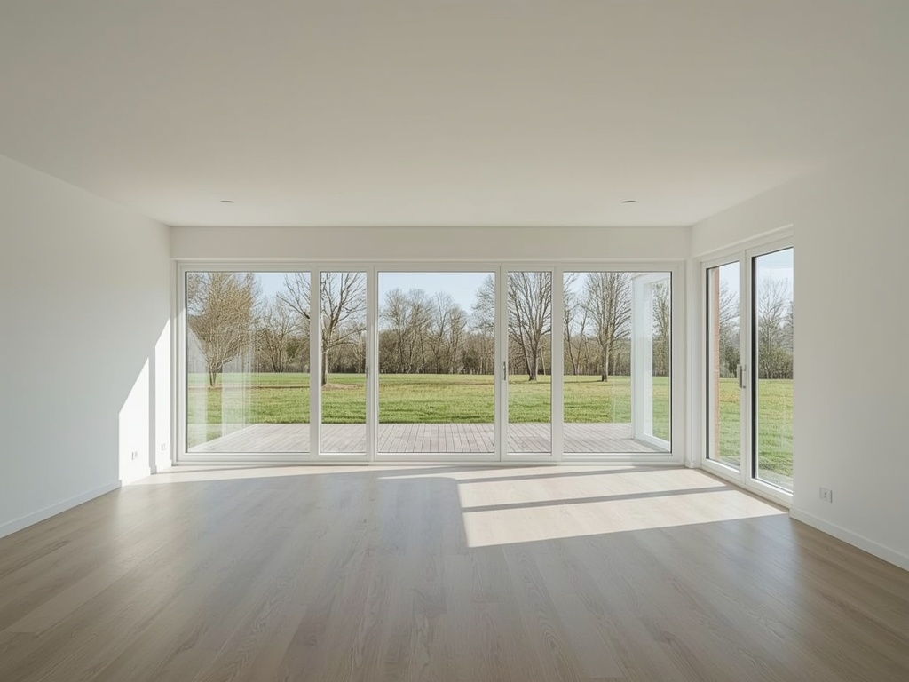 Interieur nieuwbouwwoning Huizen met groot kunststof panoramaraam